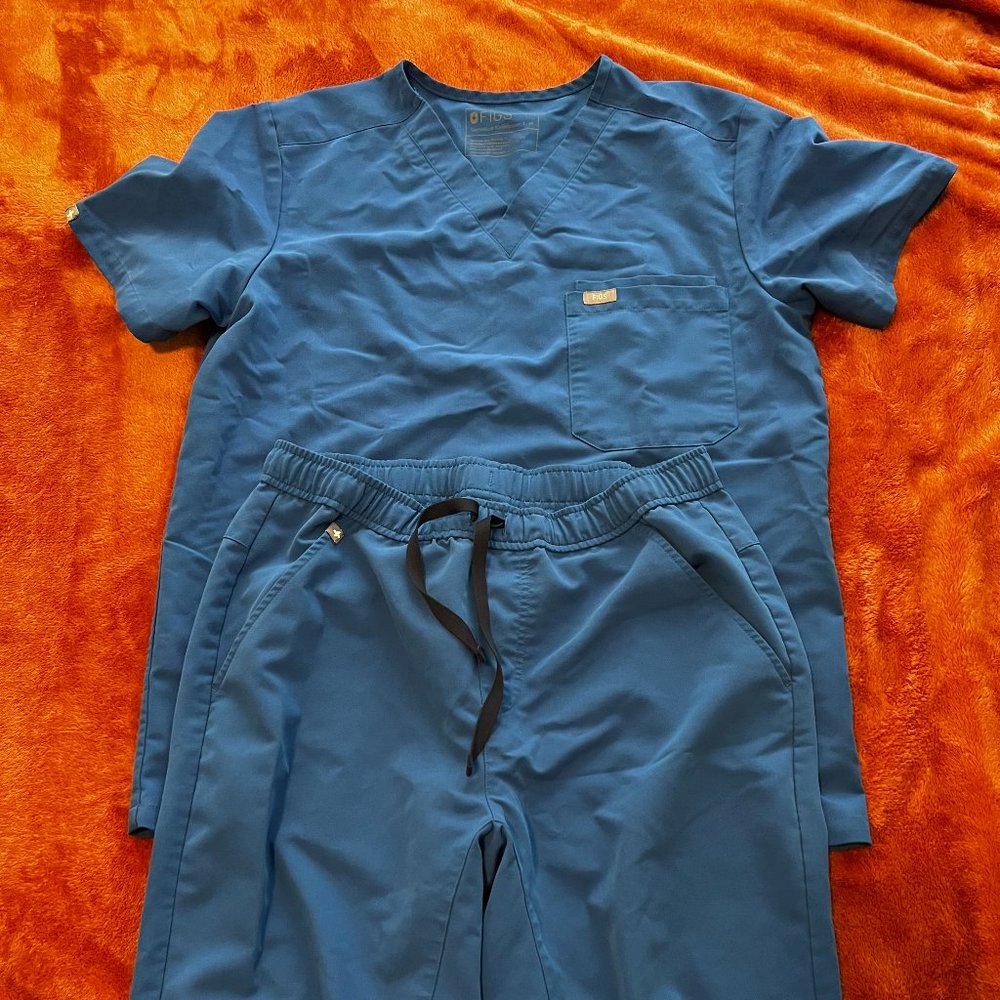 Royal Blue Figs Leon scrub top and Tansen scrub pants